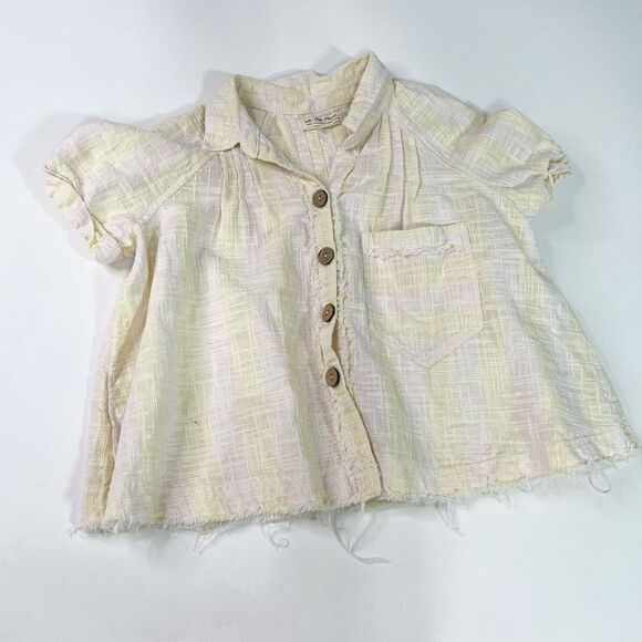 We The Free Linen Blend Blouse Womens Large Cropped Sea Striped Frayed Hem Top - Picture 1 of 10